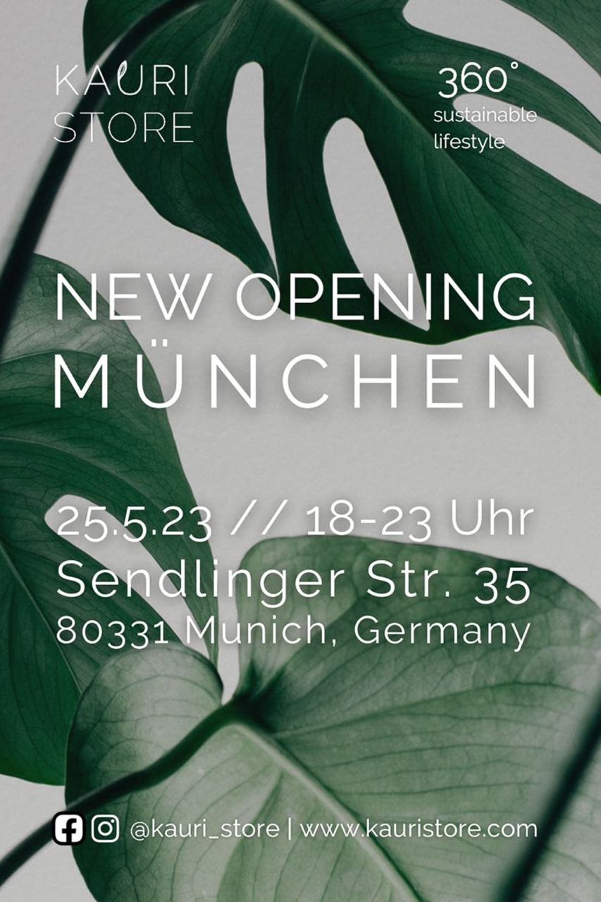 Einladung zur Neueröffnung des Kauri Store in München mit grafischem Plakatmotiv aus grünen Blättern und Eventinformationen