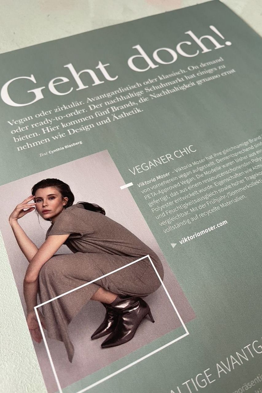 Editorial-Seite mit dem Titel „Geht doch!“ über nachhaltige Mode, inklusive Fotografie eines Models in veganem Outfit
